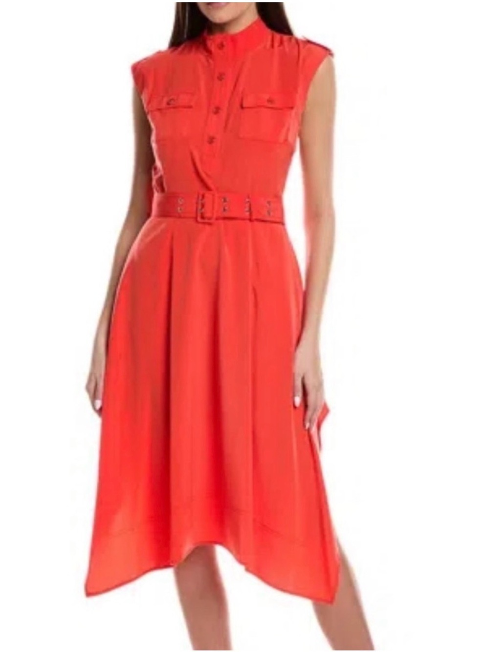 Karl Lagerfeld Coral High-Low Belted Sleeveless Dress